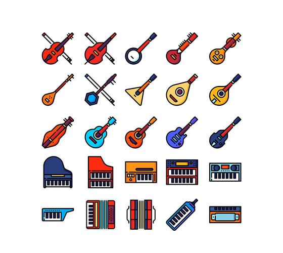 50 ícones de instrumentos musicais