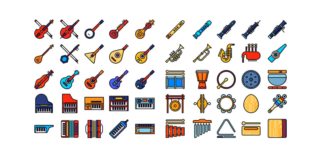 50 ícones de instrumentos musicais
